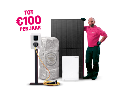 Sticker Bespaar tot €100 per jaar op producten van Essent met bespaartegoed