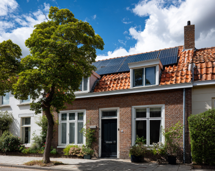 Zonnepanelen op dak in zonnige straat.